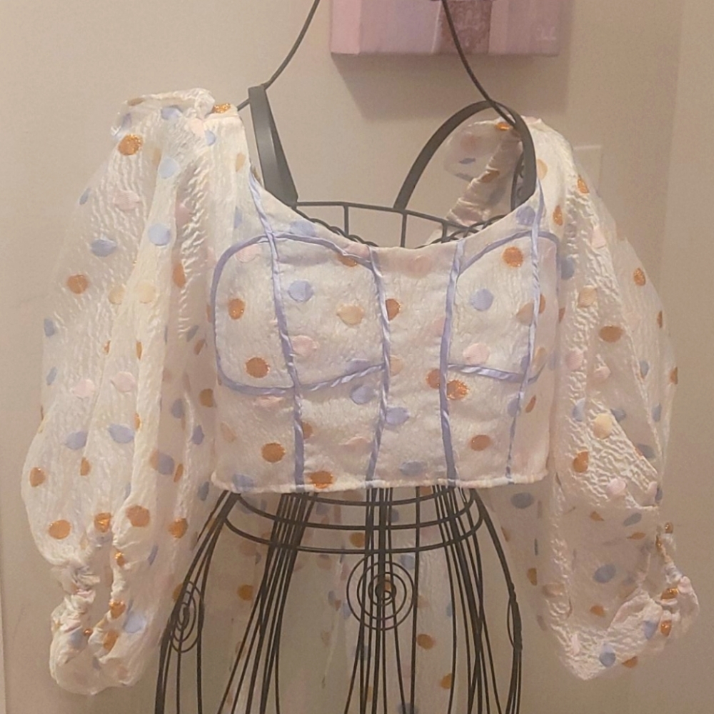 Puff sleeve cropped structured top tie back M/L